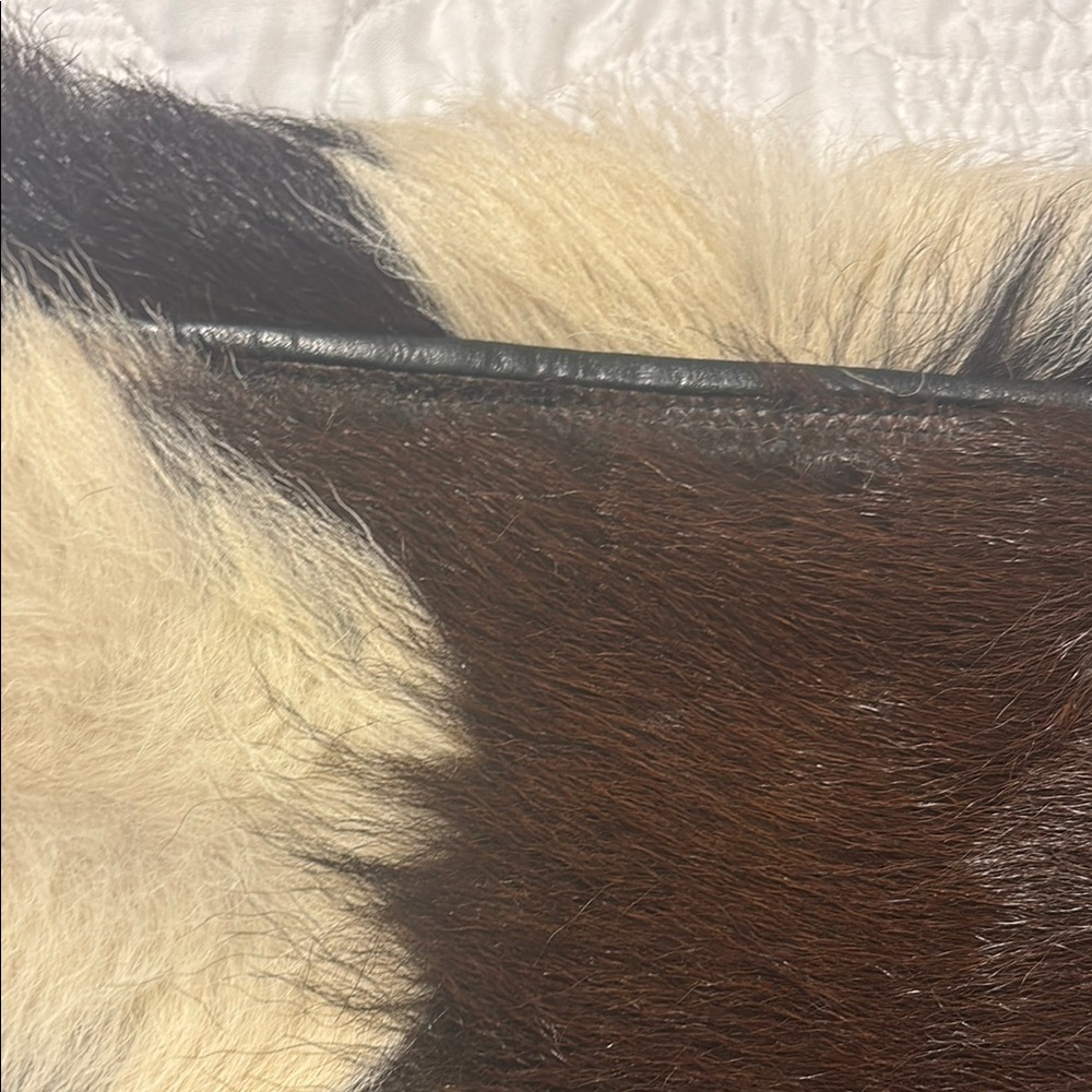 Dark brown and cream cowhide &leather bag upcycled patch & turquoise studs. - Picture 8 of 14
